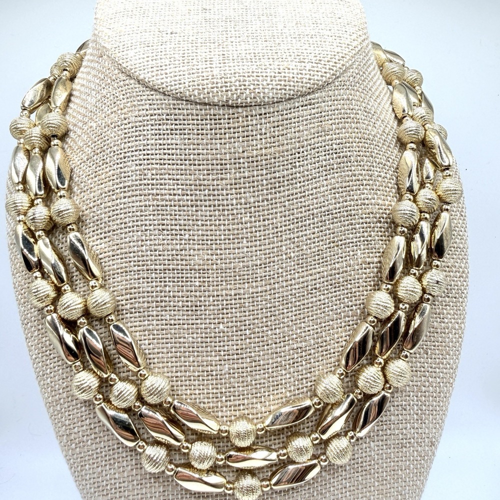 Vintage MCM Gold Tone Triple Strand Lightweight Beaded Necklace 16" Korea